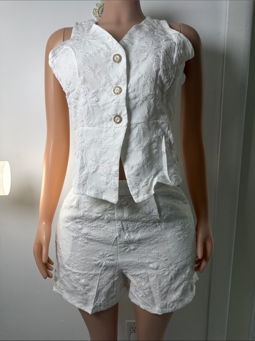 White Embroidered Two-Piece Vest & Short Set